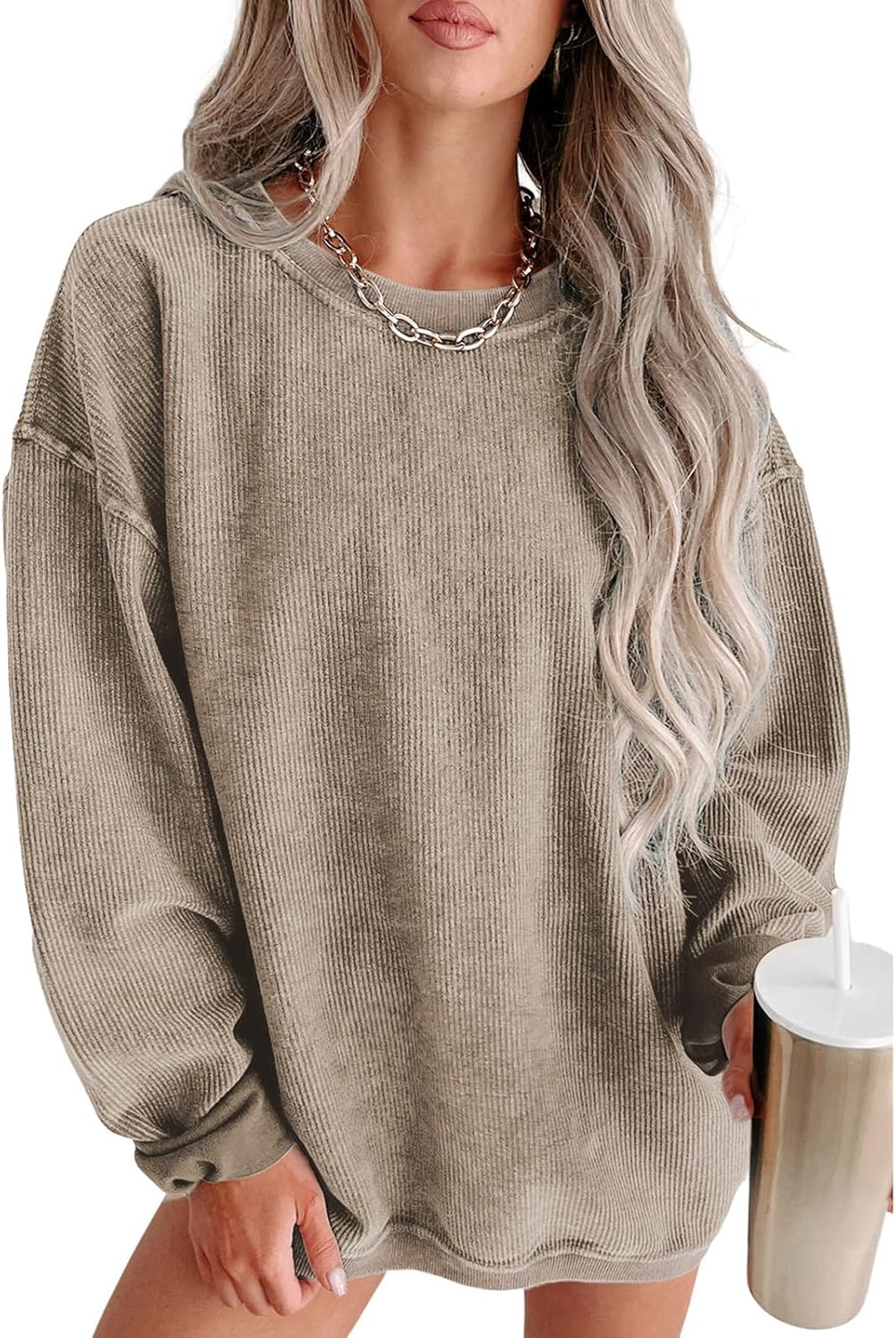 SELINK Womens Crewneck Oversized Corduroy Corded Sweatshirt Long Sleeve Casual Pullover Tops