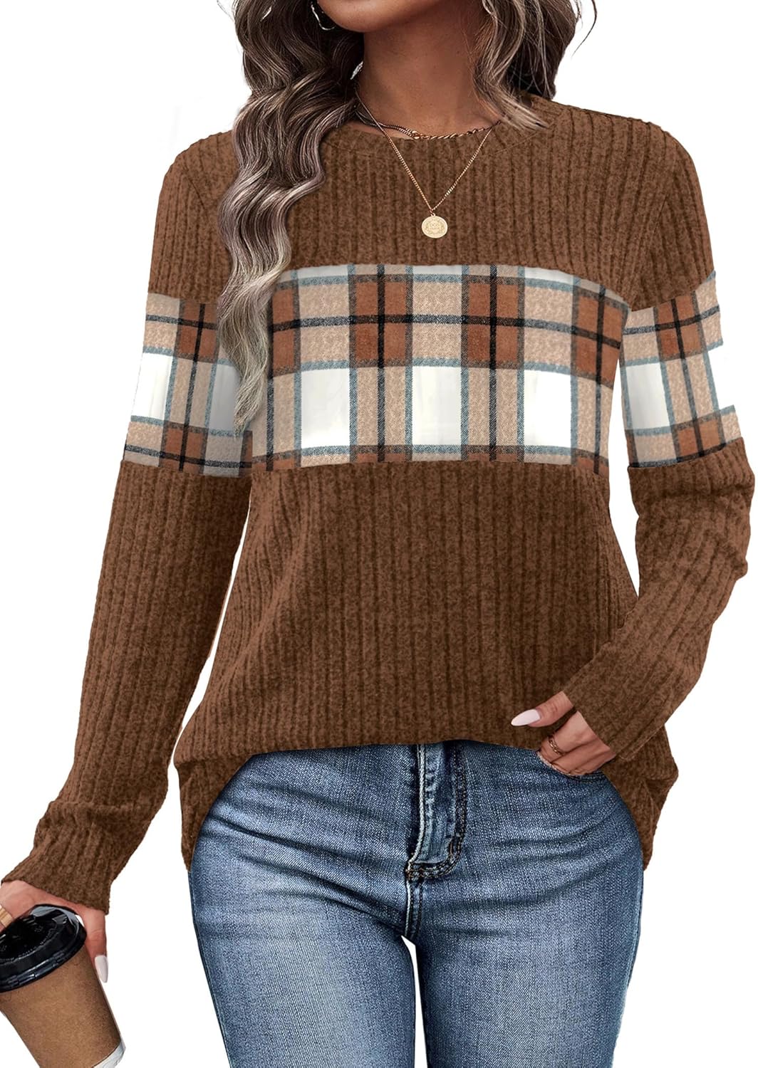 WIHOLL Womens Sweaters Trendy Color Block Tops Long Sleeve Shirts Fall Outfits Early Fall Fashion 2025 Winter Clothing
