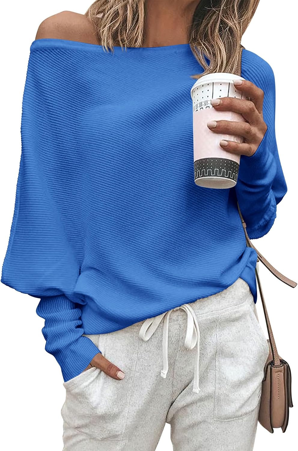 Zenlonr Women's Fall Sweaters 2025 Casual Long Batwing Sleeve Loose Off Shoulder Knit Pullovers Jumper Tops