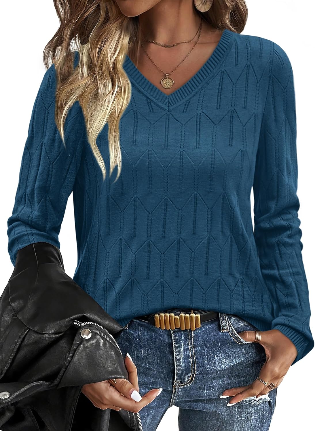 OFEEFAN Womens Sweaters Long Sleeve Shirts Fall Outfits 2025 V Neck Soft Knit Pullover Trendy Tops Dressy Casual Blouses