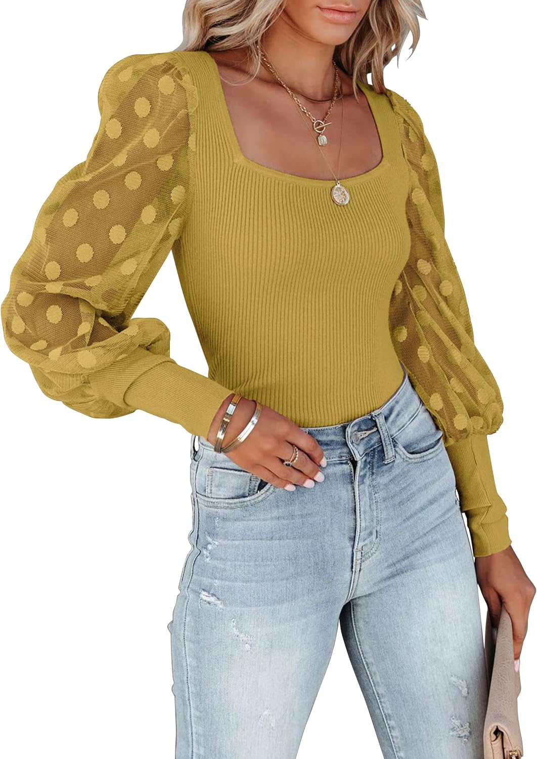miduo Womens Tops Square Neck Polka Dot Balloon Long Sleeve Top Shirts Slim Knit Ribbed Tops Blouses