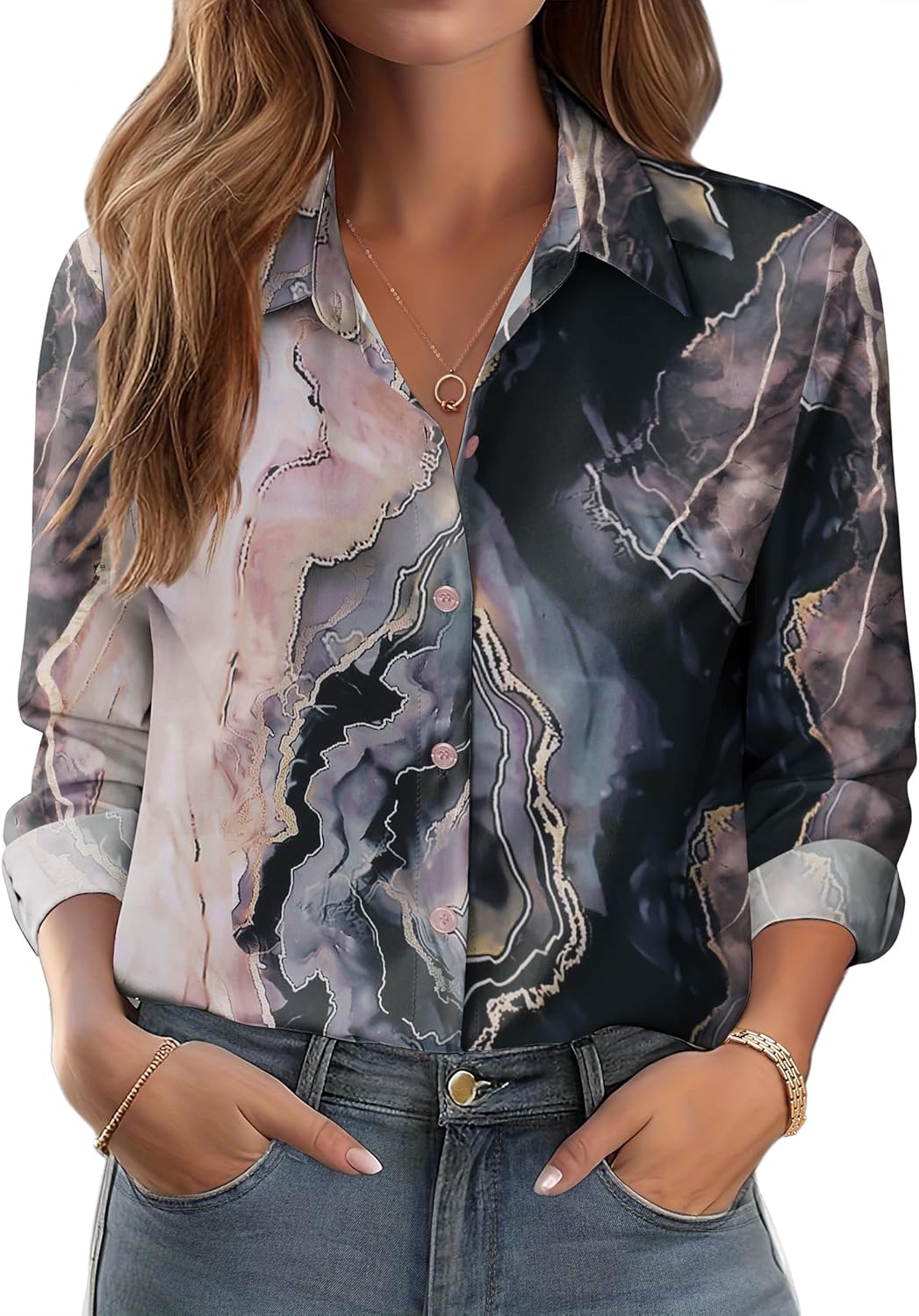 Zeagoo Button Down Shirts for Women Dressy Floral Printed Long Sleeve Blouse Business Casual Work Tops