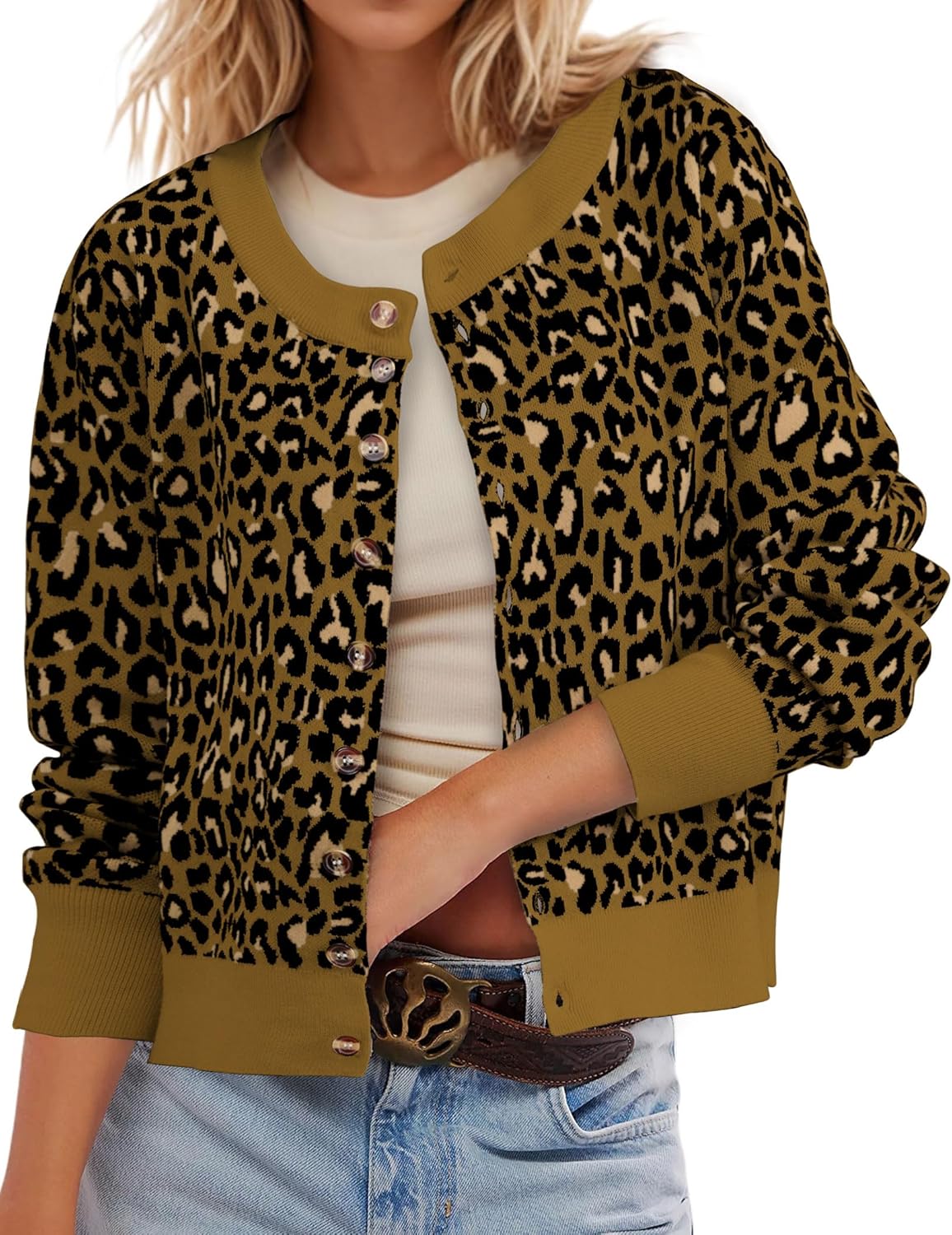 Leopard Cardigan Open Front Button Up Sweaters for Women Long Sleeve Shrug Cheetah Print Top Cropped Cardigan Jackets