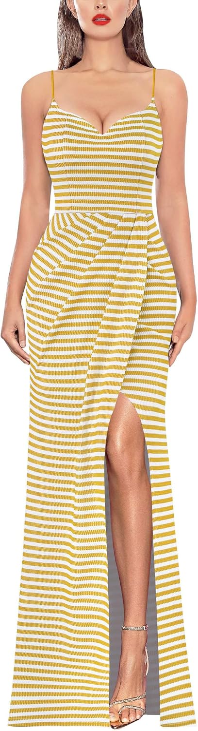 VFSHOW Womens Sexy Formal Ruched Fitted High Slit Bodycon Maxi Dress Spaghetti Strap Sweetheart Cocktail Prom Evening Gown