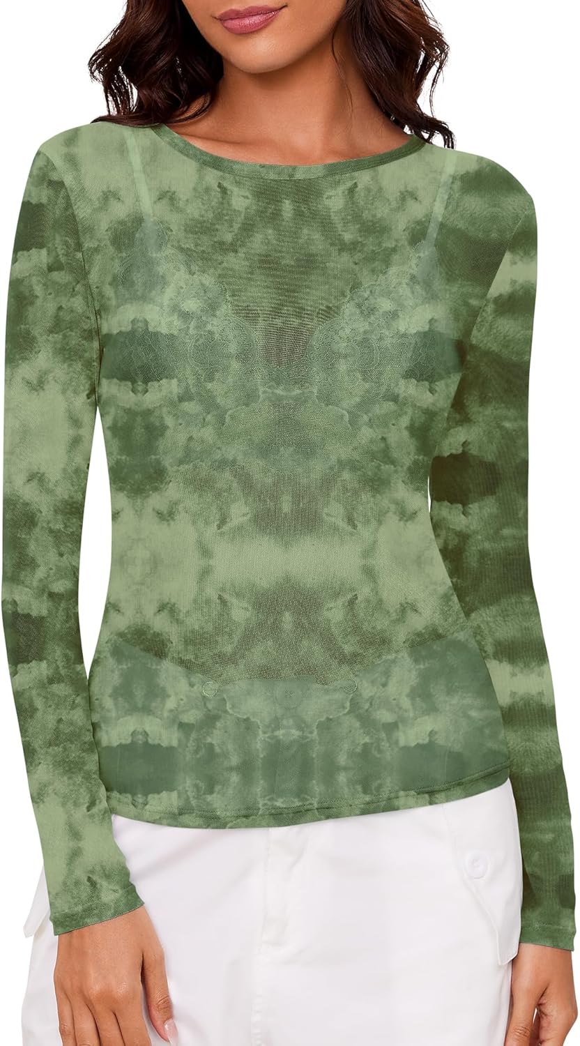 AKEWEI Womens Mesh Long Sleeve Tops Crew Neck Sexy See Through Tee Shirts Party Club Night Lace Blouse