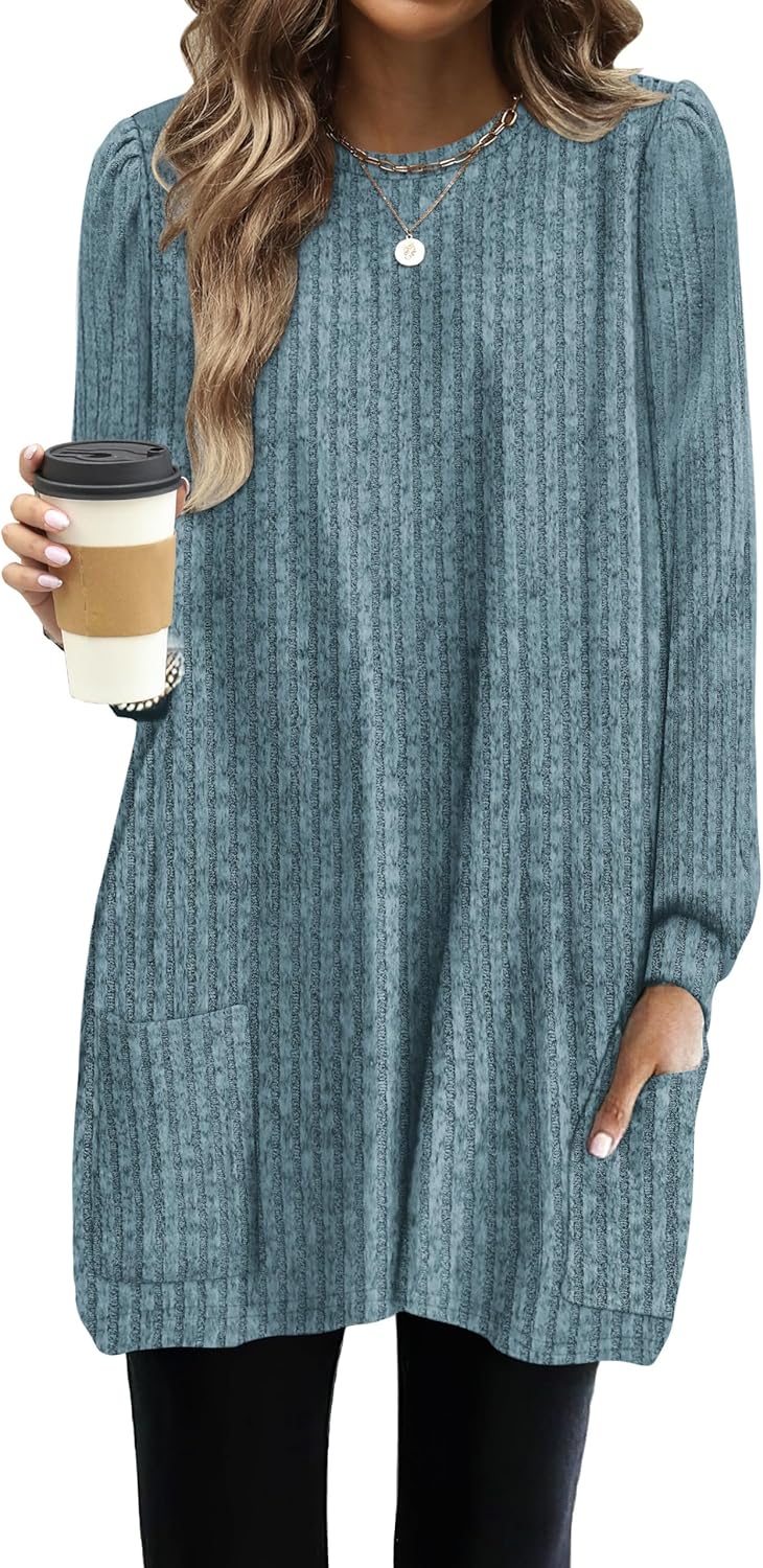 OFEEFAN Long Sleeve Shirts for Women Long Sweaters with Pockets Tunic Tops Loose Fit