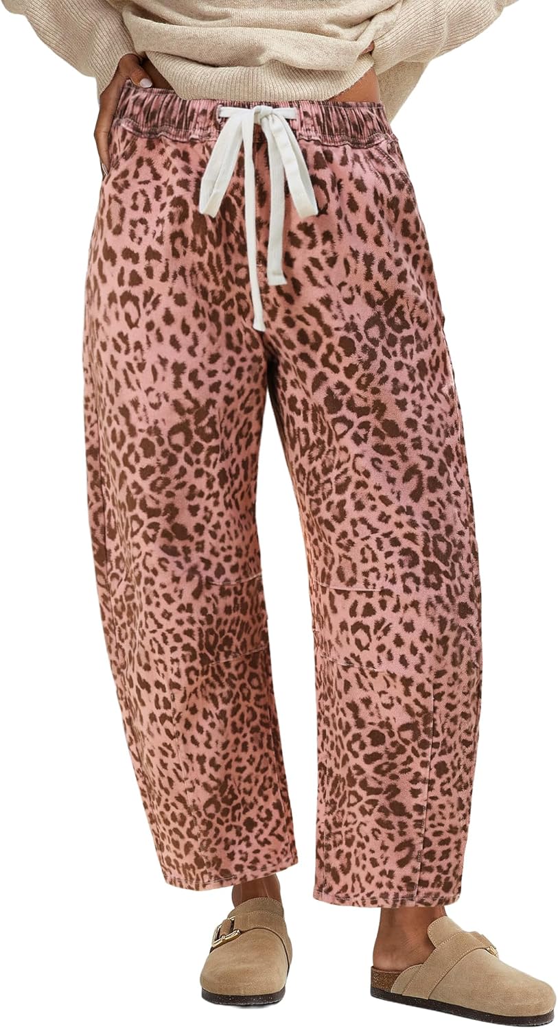 GRAPENT Barrel Jeans for Women Trendy High Waisted Pull On Wide Leg Cropped Leopard Cheetah Print Stretchy Denim Pants