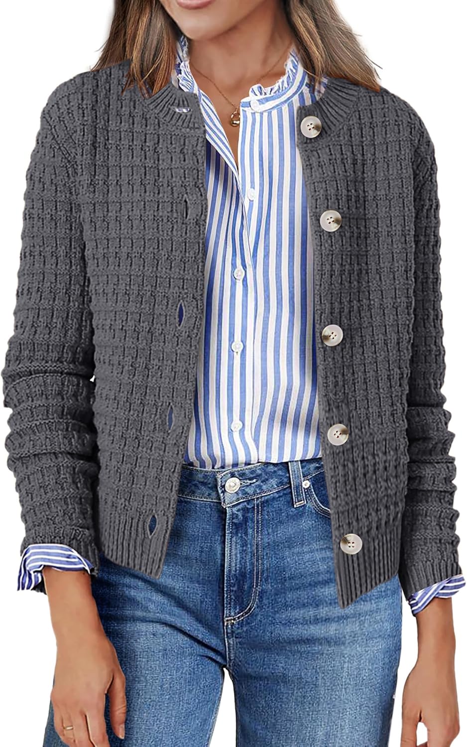 Zeagoo Women's 2025 Cardigan Sweaters Button Down Crew Neck Open Front Long Sleeve Knit Cropped Jackets