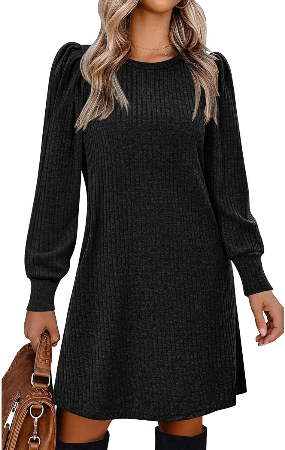 Zeagoo Women's Knit Dress with Puff Sleeves for Fall & Winter - Round Neck Casual Tunic Dress