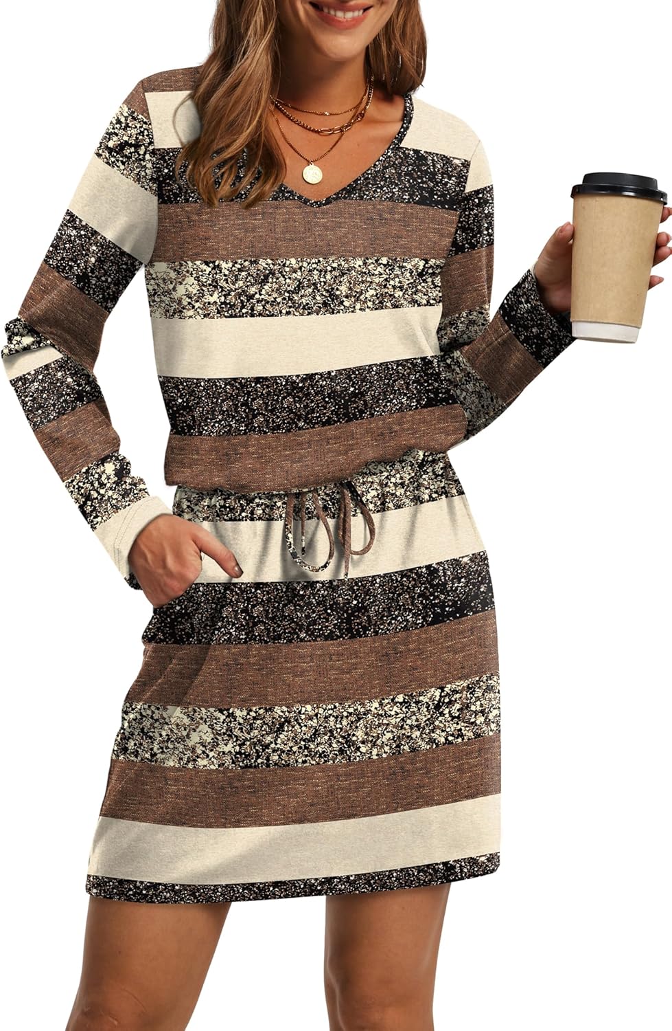 OFEEFAN Fall Dresses for Women 2025 Loose V Neck Long Sleeve T Shirts Casual Sundresses Tie Front A-Line Dresses