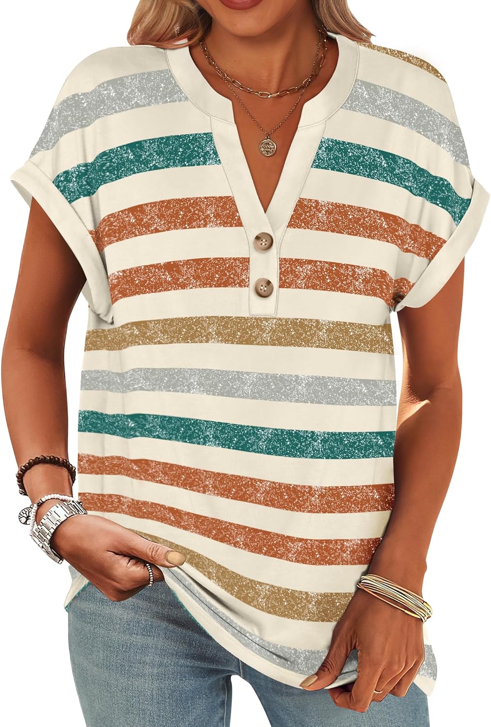 ANRABESS Womens Short Sleeve Henley Tops V Neck Dressy Casual Blouses Summer Trendy Tee Shirts 2025 Vacation Fashion Clothes