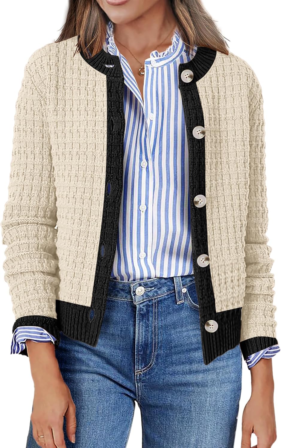 Zeagoo Women's 2025 Cardigan Sweaters Button Down Crew Neck Open Front Long Sleeve Knit Cropped Jackets