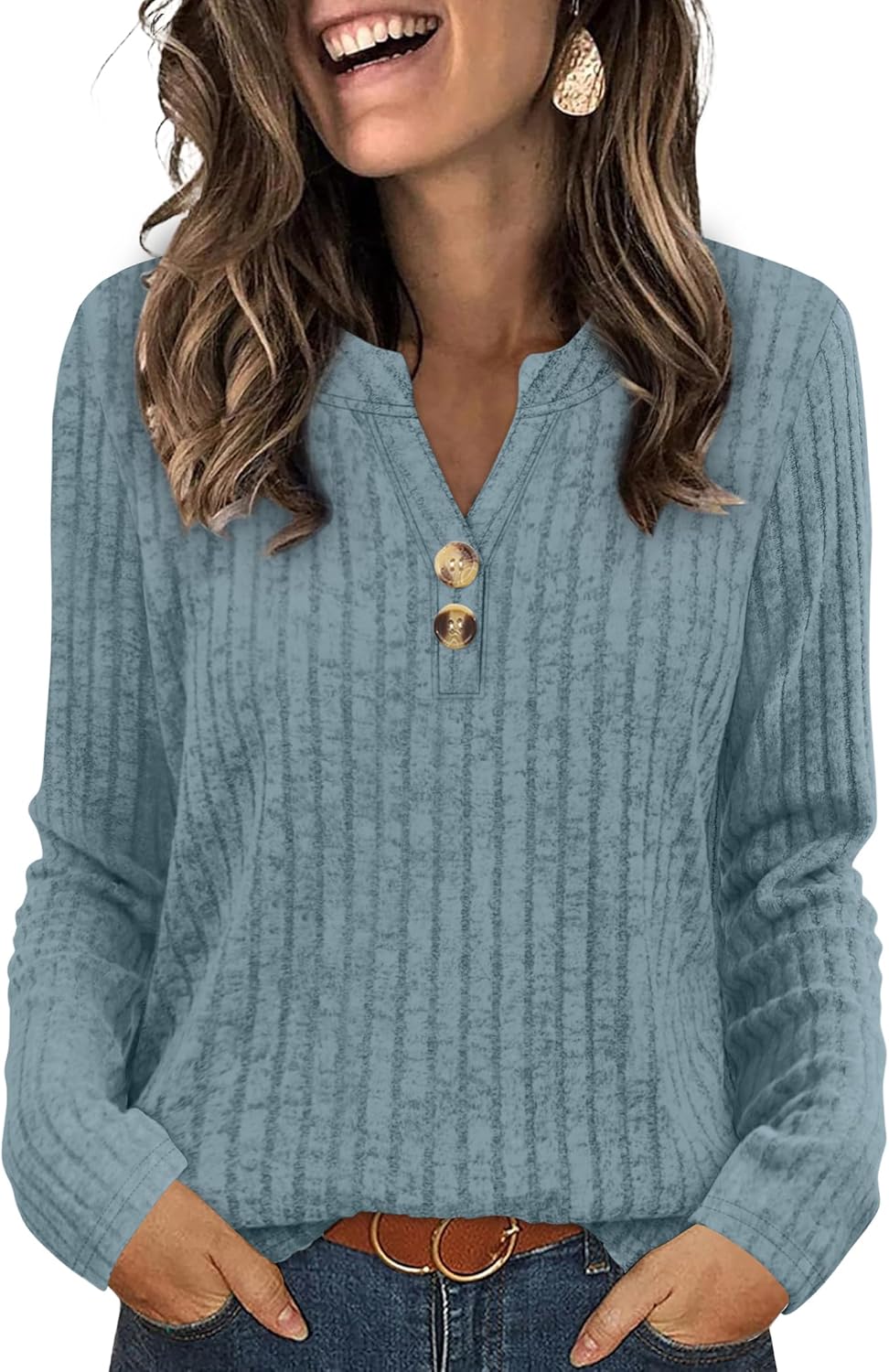 SAMPEEL Womens Sweaters Lightweight Long Sleeve Shirts V Neck Tops with Button Fall Outfits 2025