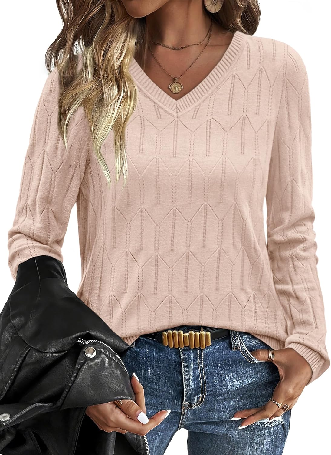 OFEEFAN Womens Sweaters Long Sleeve Shirts Fall Outfits 2025 V Neck Soft Knit Pullover Trendy Tops Dressy Casual Blouses