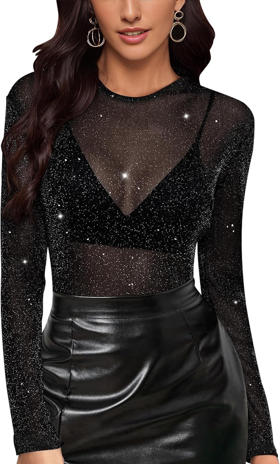 Buauty Mesh Long Sleeve Top for Women, Lace Sheer Tops See Through Mock Neck Floral Embroidery Sheer Blouce Fishnet Shirt