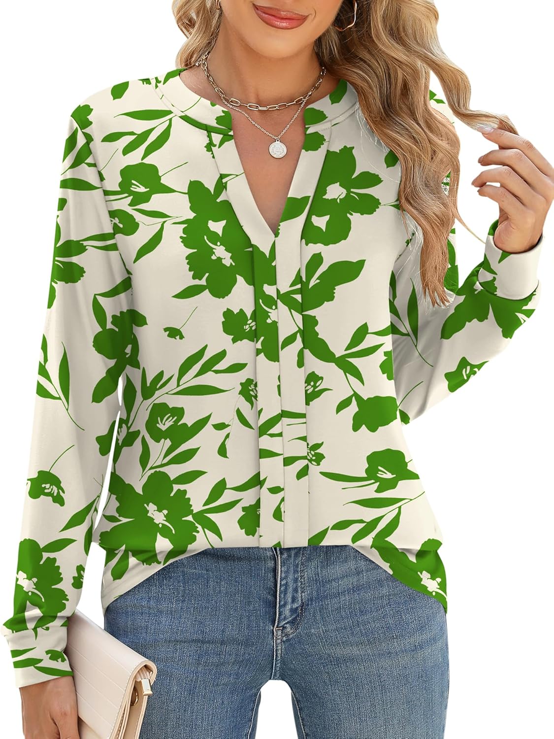 Micoson Womens Tops Dressy Casual Long Sleeve Business Knit T Shirts V Neck Pleated Work Blouses Loose Fall Trendy Clothes