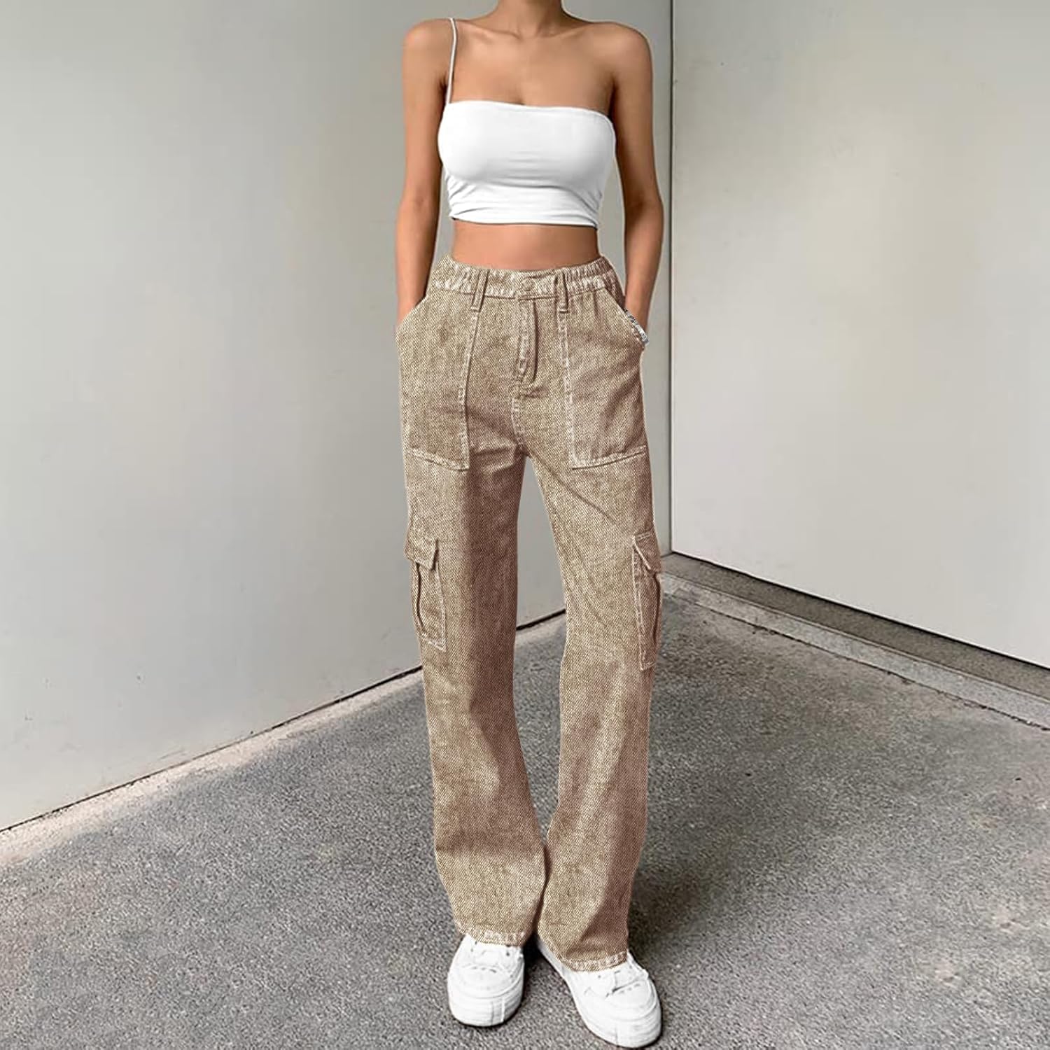 Lepunuo Cargo Pants for Women High Waisted Casual Pants Baggy Stretchy Wide Leg Y2K Streetwear with 6 Pockets