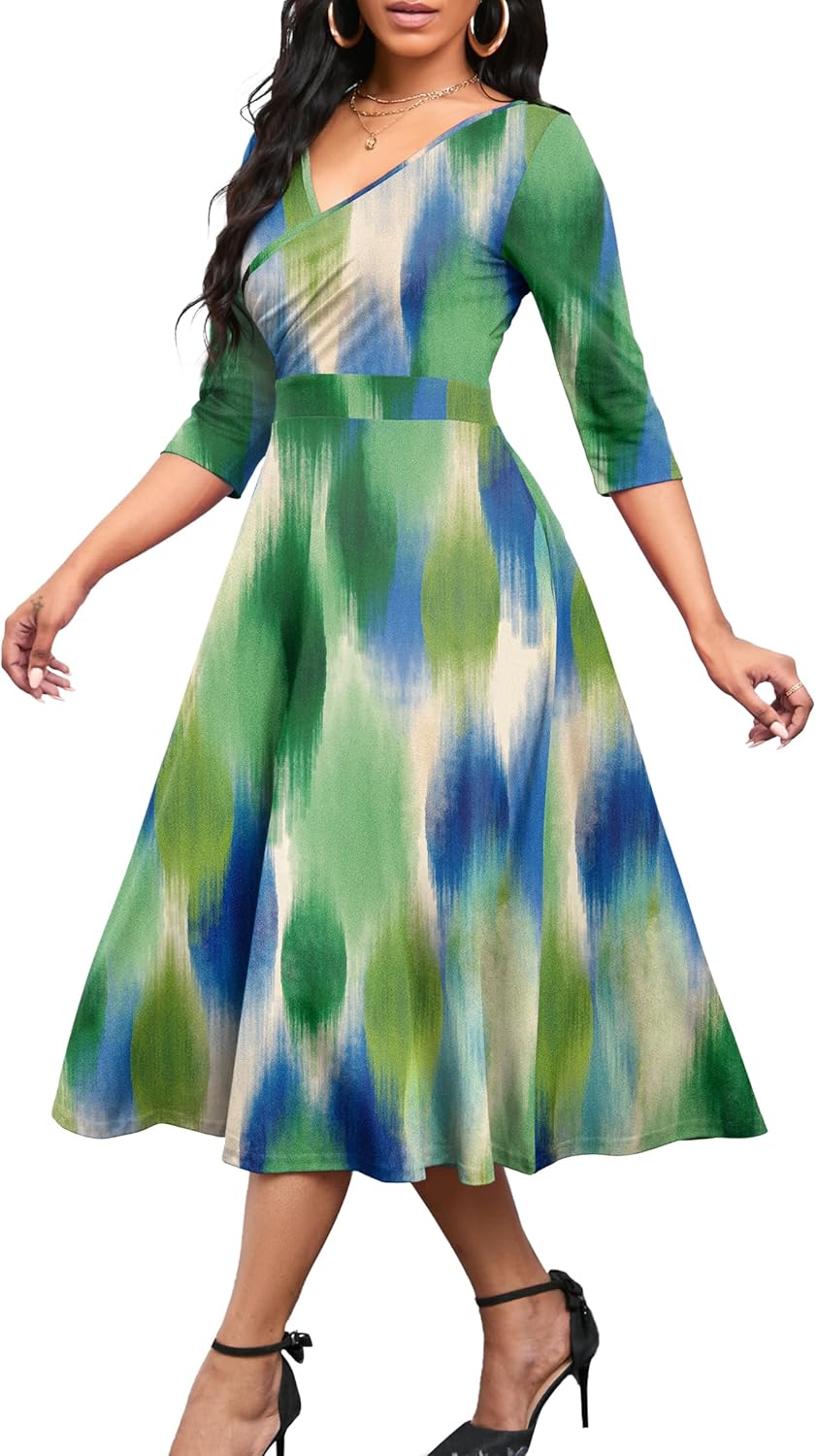 Nmoder Women's Casual Wrap Flared Midi Dress Wedding Guest Cocktail Tea Dresses A-Line Swing V-Neck 3/4 Sleeve