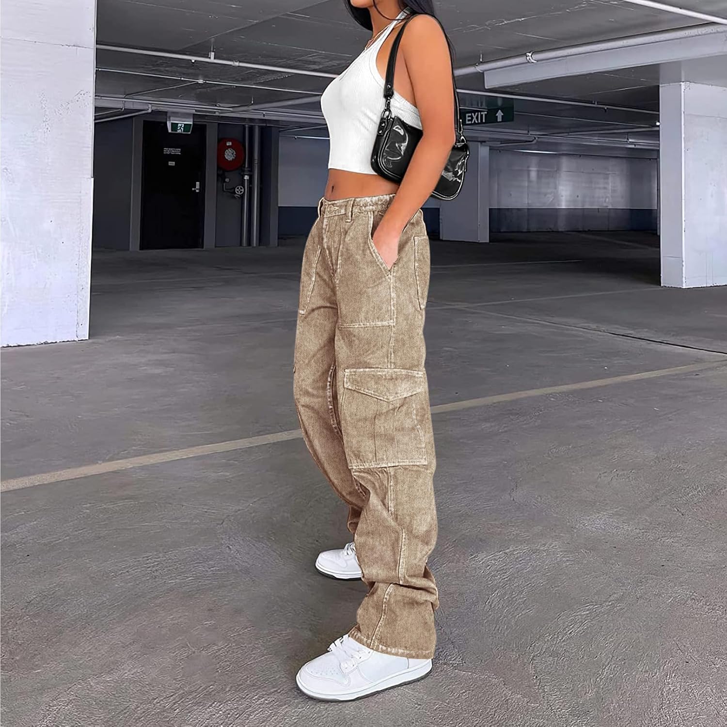 Lepunuo Cargo Pants for Women High Waisted Casual Pants Baggy Stretchy Wide Leg Y2K Streetwear with 6 Pockets