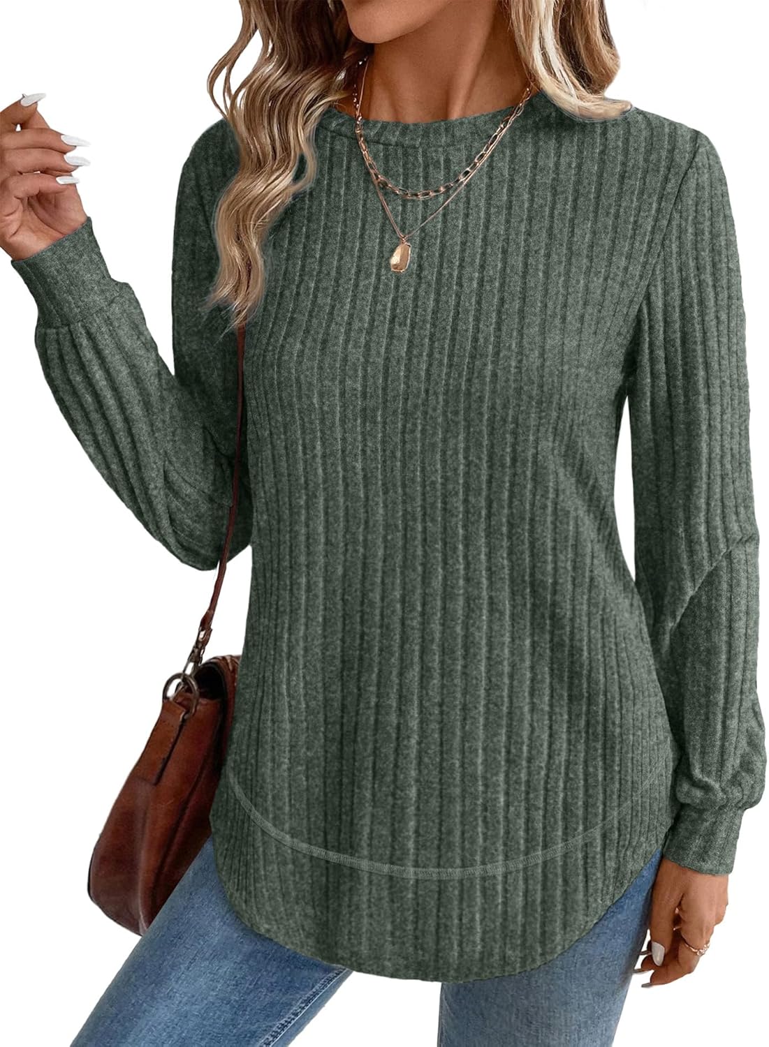 OFEEFAN Tunic Tops for Women Loose Fit Dressy Long Sleeve Shirts Womens Sweaters Crew Neck Fall Clothing with Curved Hem