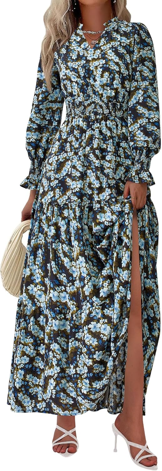 PRETTYGARDEN Women's Floral Maxi Dress 2025 Fall Long Sleeve V Neck Casual A Line Long Flowy Boho Party Dresses