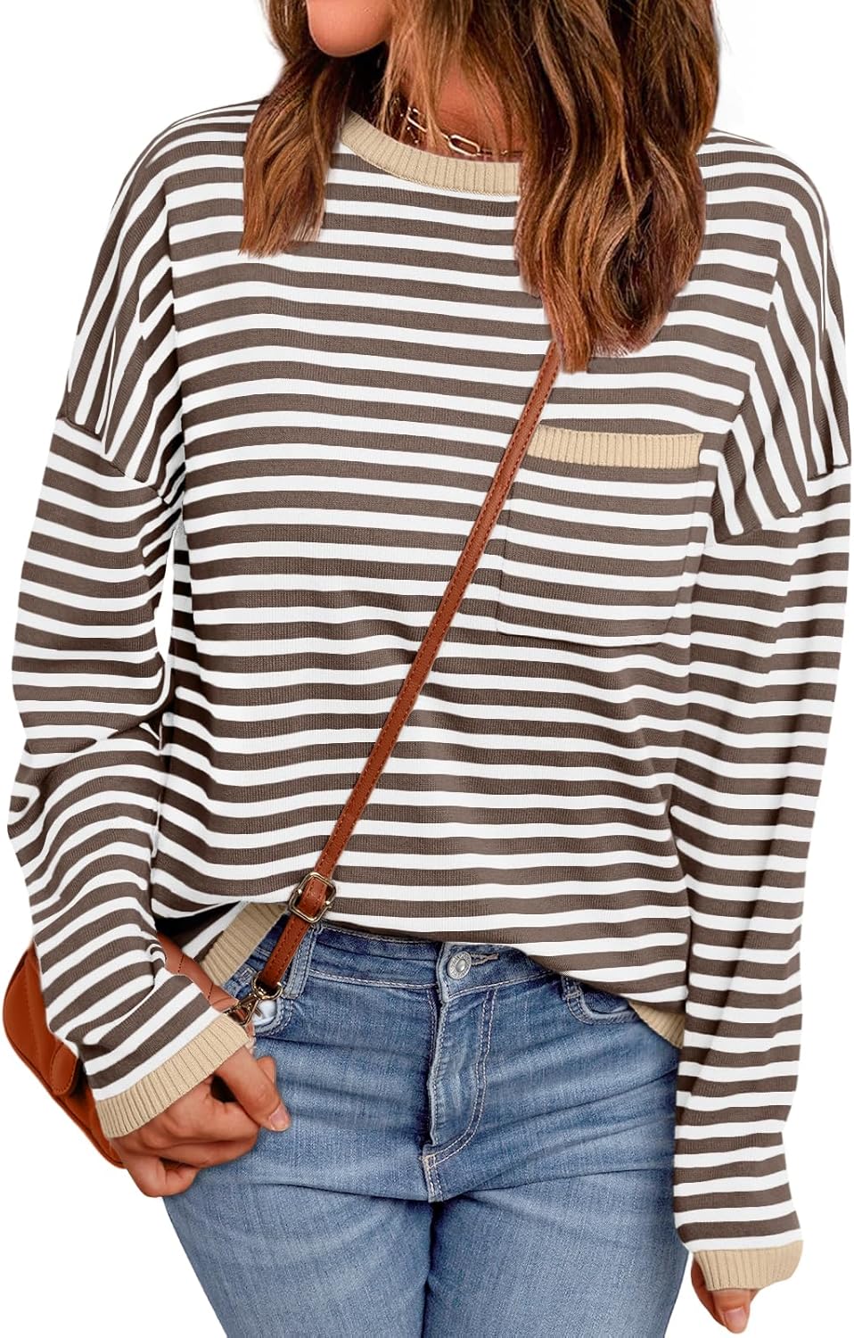 LILLUSORY Womens Striped Soft Knit Pullover Sweater Loose Fit Shirts with Chest Pocket