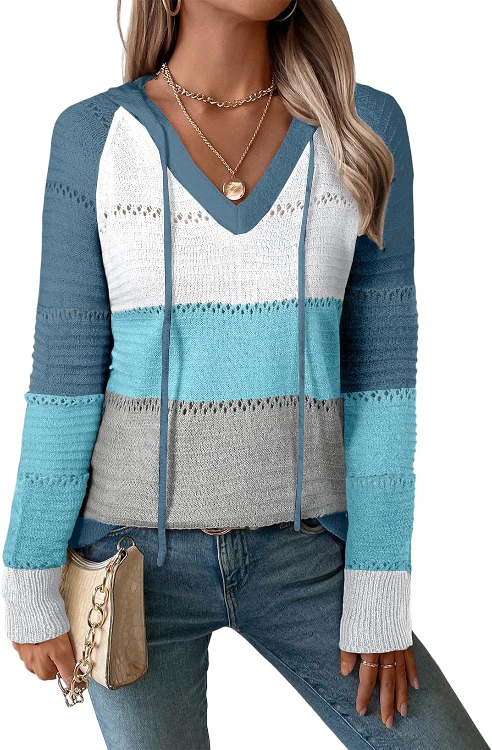 BLENCOT Women Color Block Hooded Crochet Striped Sweaters Lightweight Drawstring Hoodies Pullover Trendy Sweatshirts
