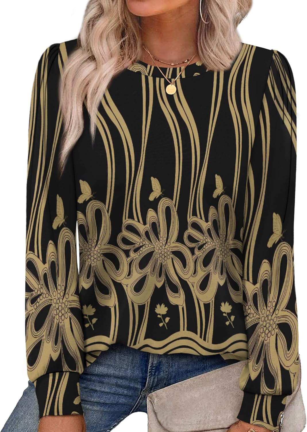 Alaroo Womens Long Sleeve Shirts 2025 Fall Tunic Tops Crewneck Blouses Print