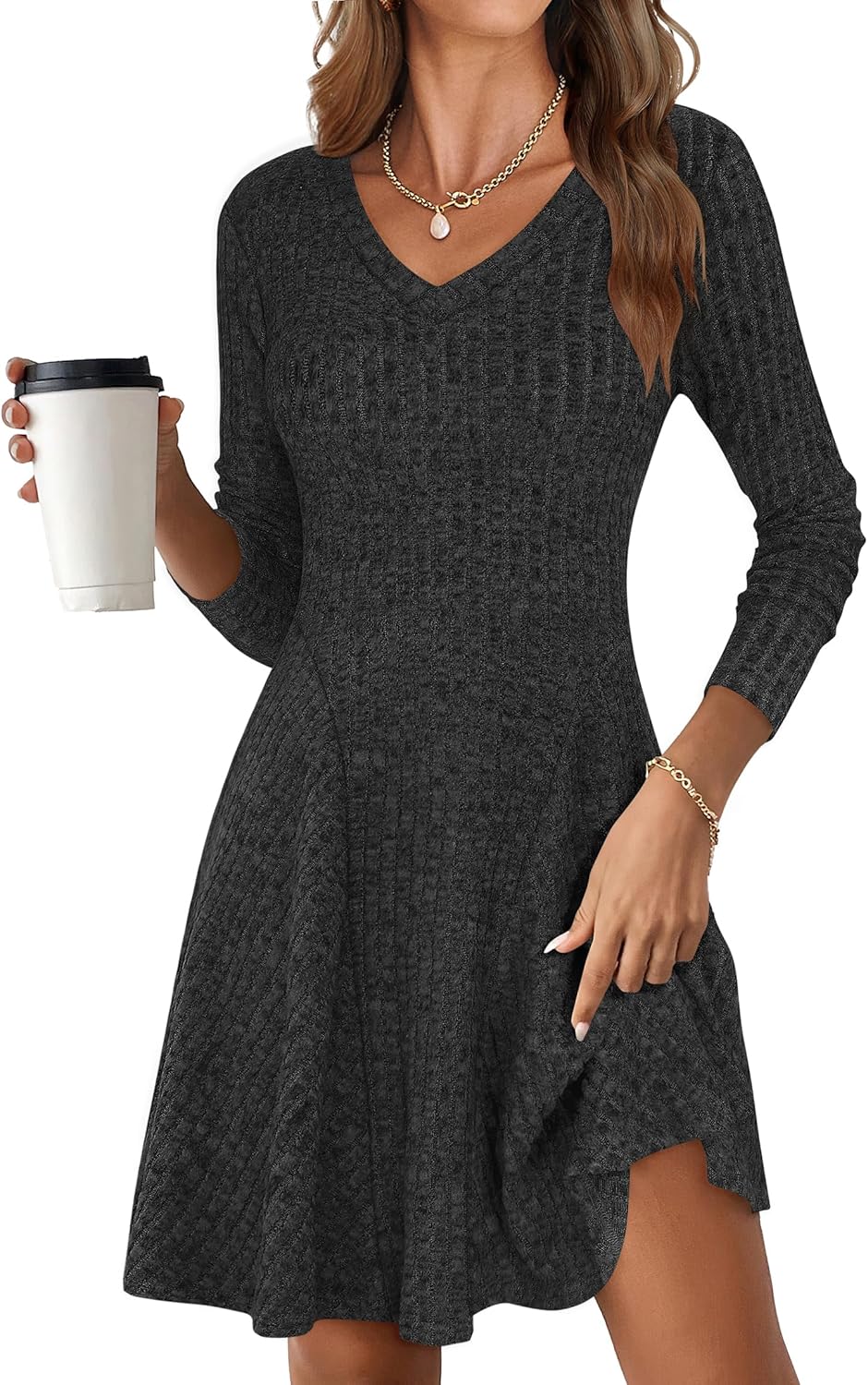 ANRABESS Women Long Sleeve Ribbed Knit Short Dresses 2025 Fall Winter V Neck Casual Swing A Line Sweater Dress