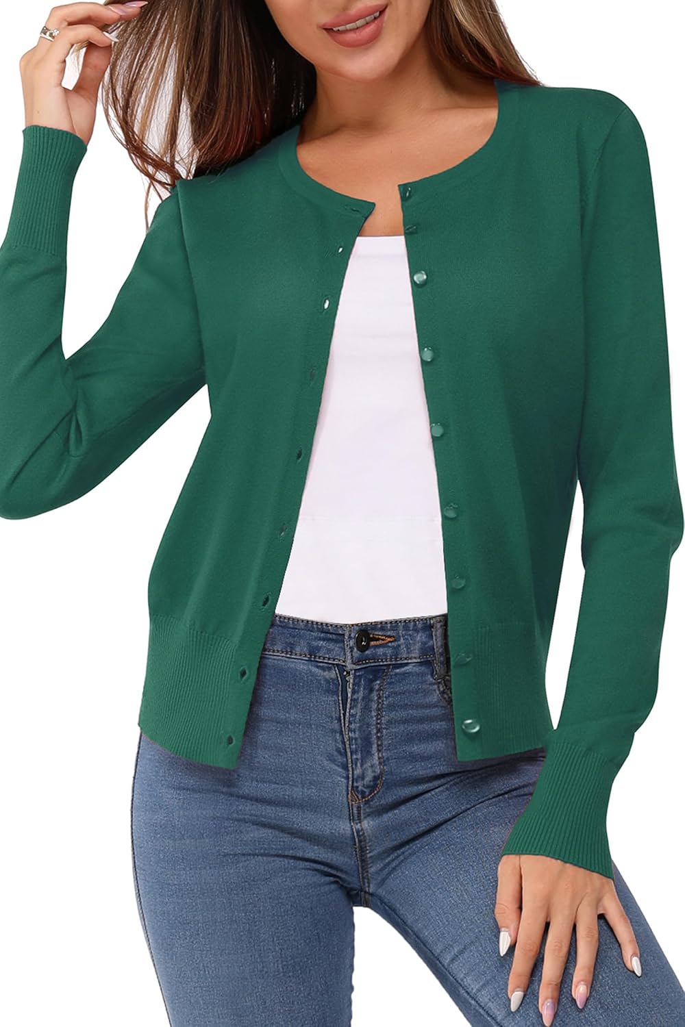 Newshows Women's Lightweight Button Down Cardigan Long Sleeve Casual Crew Neck Soft Knit Cardigans Sweater Tops