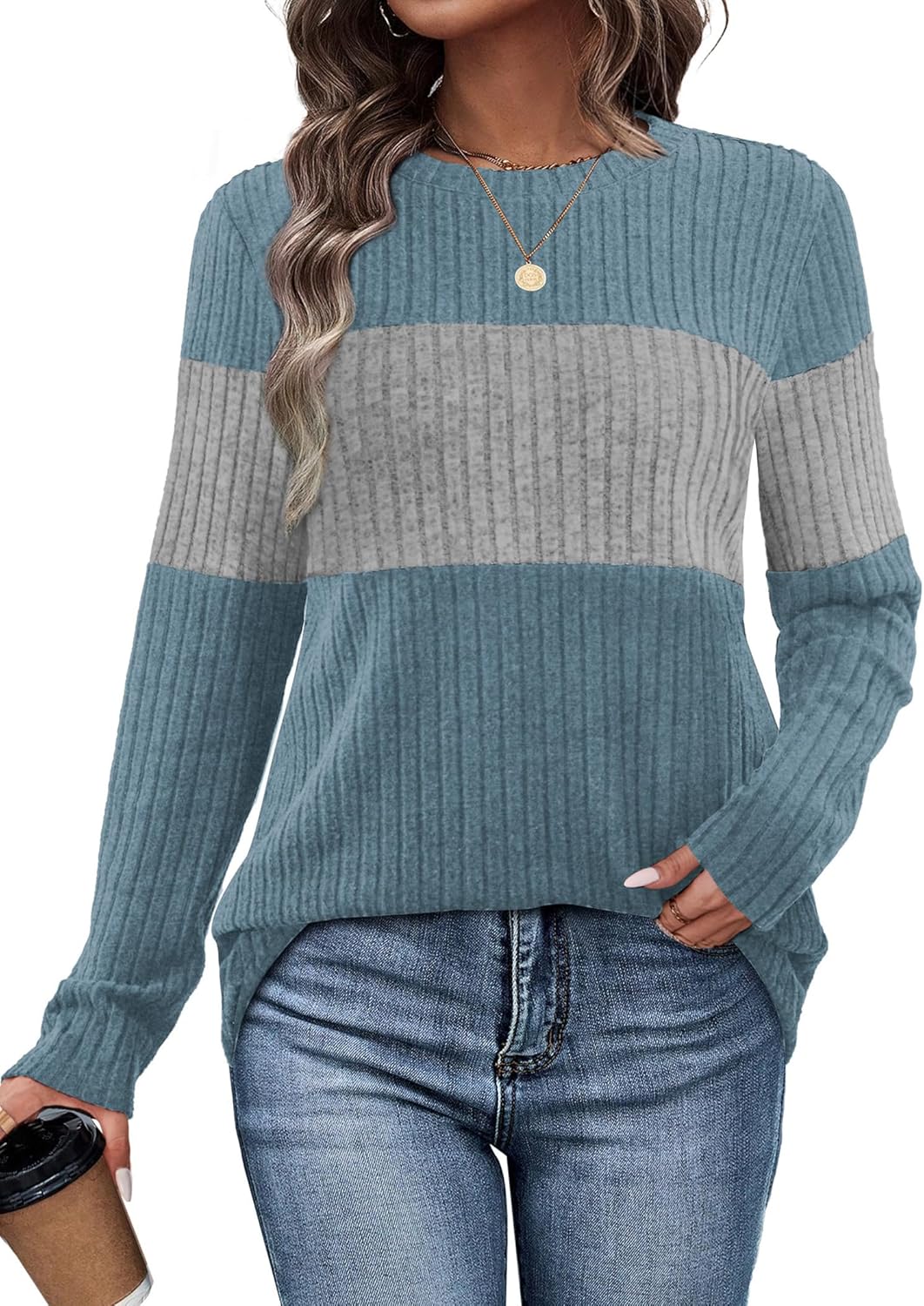 WIHOLL Womens Sweaters Trendy Color Block Tops Long Sleeve Shirts Fall Outfits Early Fall Fashion 2025 Winter Clothing