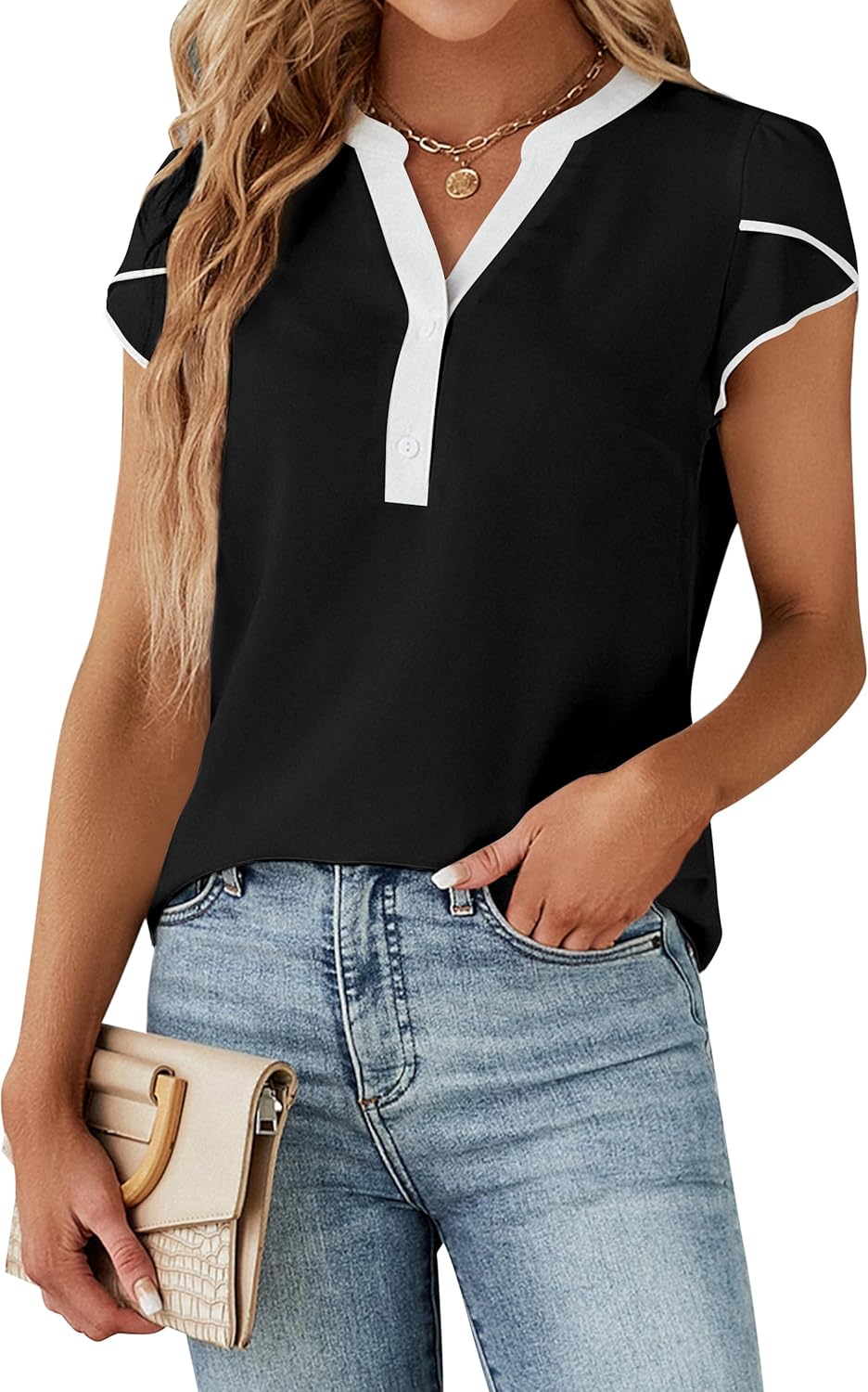 Blooming Jelly Women's Dressy Casual Tops Business Work Blouses White Button Down Shirts Cap Sleeve V Neck Tshirt