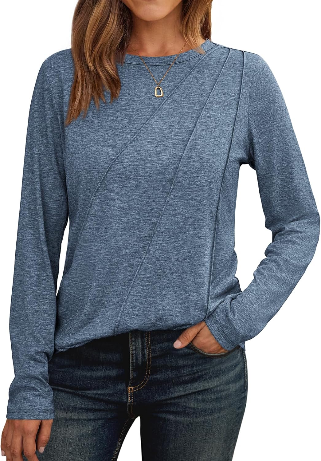 AUTOMET Womens Long Sleeve Shirts Pleated Crew Neck Casual Fall Fashion Tops Loose Fit Lightweight Girls Outfits Clothes