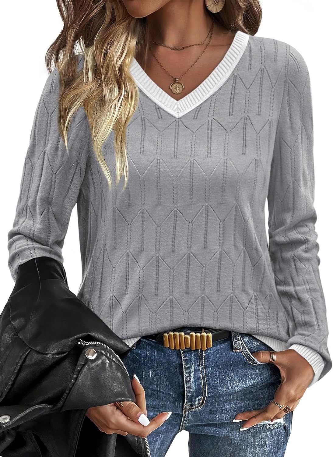 OFEEFAN Womens Sweaters Long Sleeve Shirts Fall Outfits 2025 V Neck Soft Knit Pullover Trendy Tops Dressy Casual Blouses