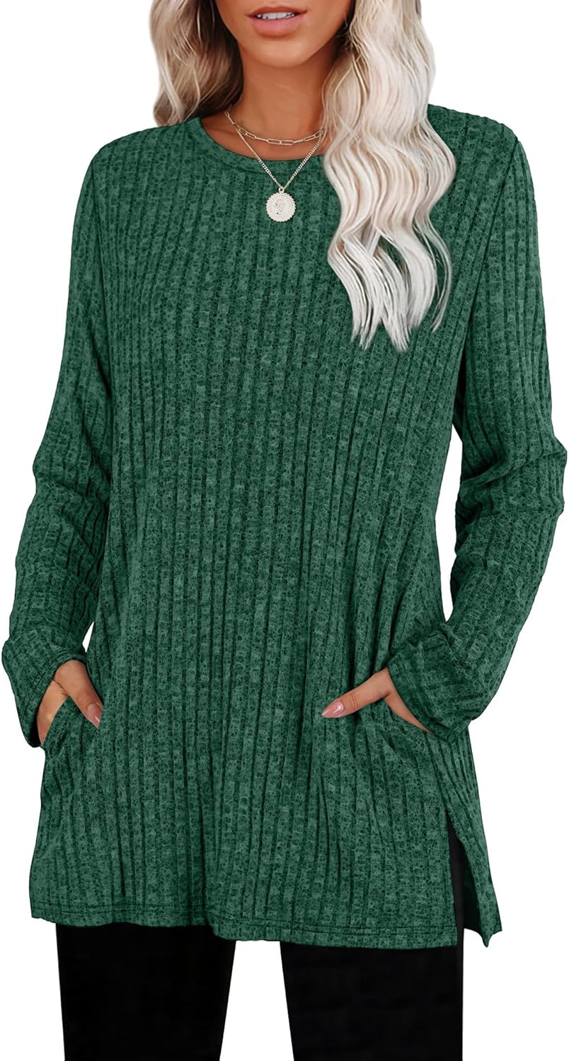 SAMPEEL Womens Sweaters Crewneck Long Sleeve Shirts with Pockets Fall Outfits 2025 Fashion Winter Clothing Side Slit