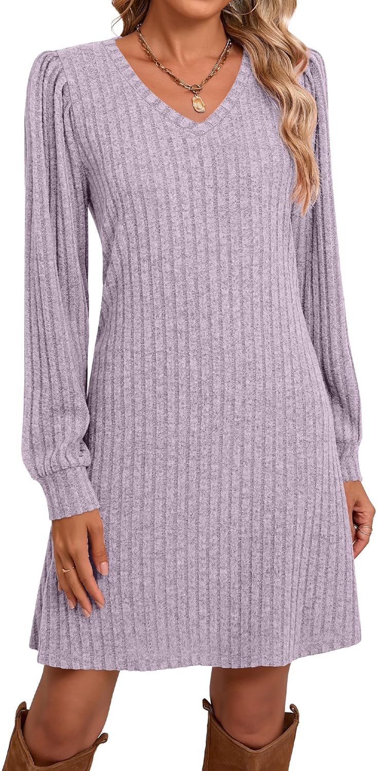 Ficerd Women's Knit Long Sleeve Sweater Dress Casual V Neck Tunic Dresses Fall Trendy Outfits