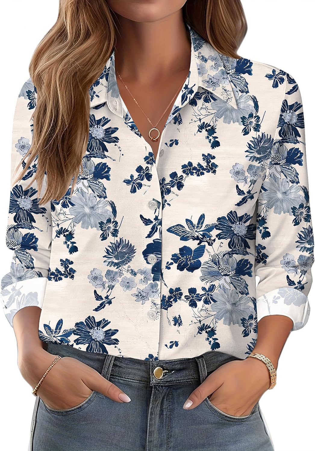 Zeagoo Button Down Shirts for Women Dressy Floral Printed Long Sleeve Blouse Business Casual Work Tops