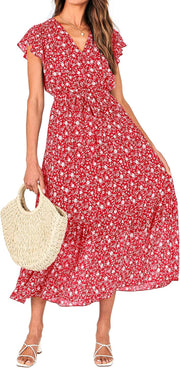BTFBM Women Summer Bohemian Floral Casual Wrap V Neck Ruffle Cap Sleeveless Belt A-Line Pleated Hem Midi Sun Dress White