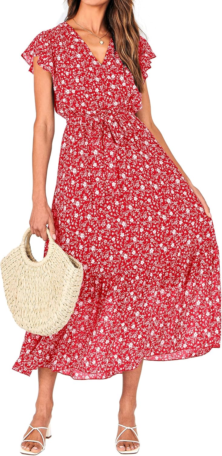 BTFBM Women Summer Bohemian Floral Casual Wrap V Neck Ruffle Cap Sleeveless Belt A-Line Pleated Hem Midi Sun Dress White