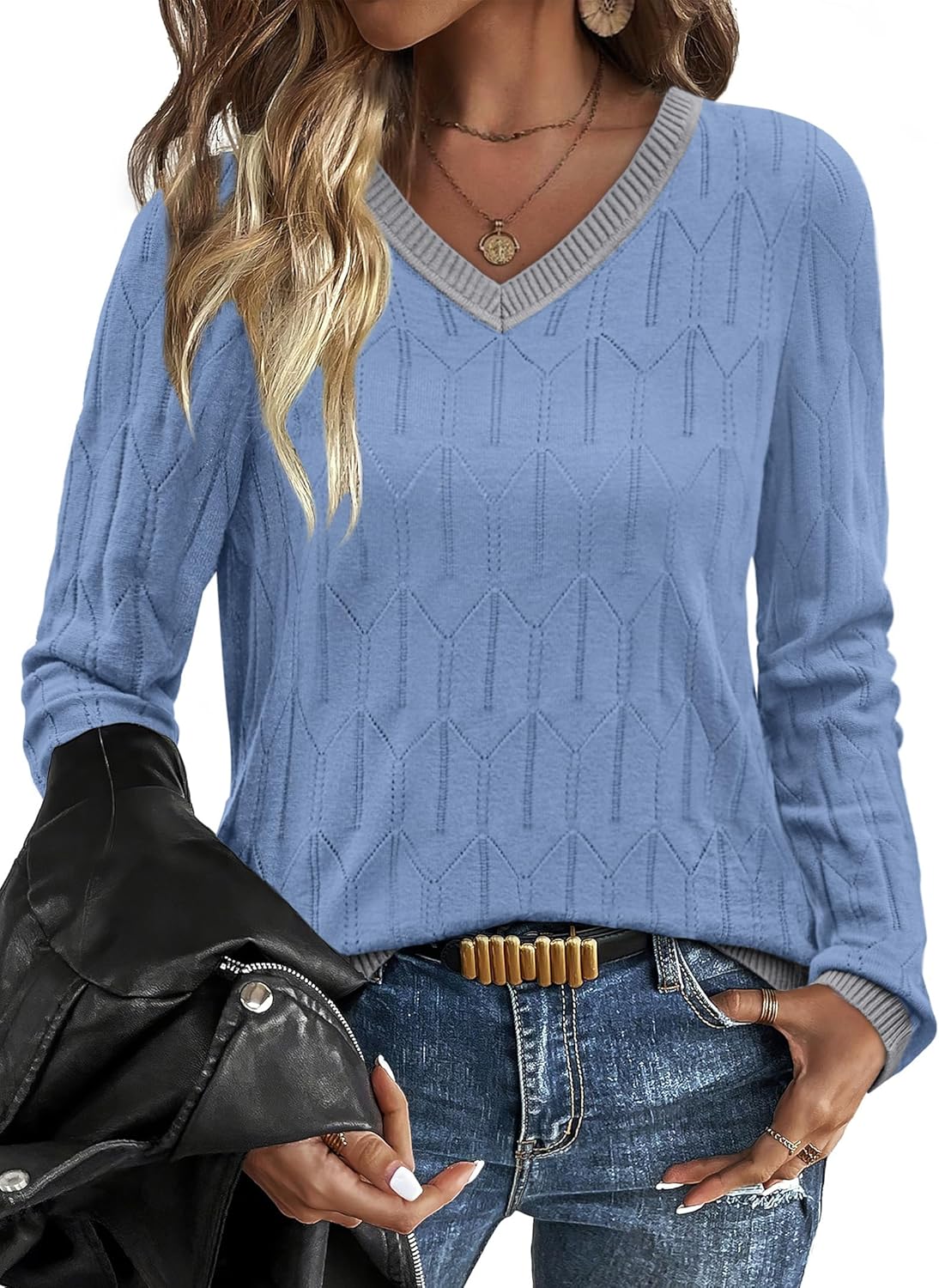 OFEEFAN Womens Sweaters Long Sleeve Shirts Fall Outfits 2025 V Neck Soft Knit Pullover Trendy Tops Dressy Casual Blouses