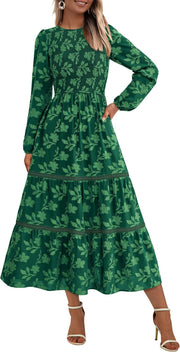 PRETTYGARDEN Long Sleeve Dress for Women 2025 Fall Elegant Modest Floral Boho Smocked Flowy Wedding Guest Midi Dresses