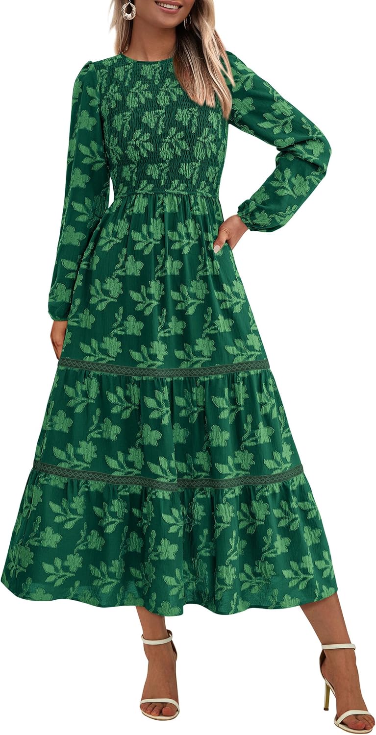PRETTYGARDEN Long Sleeve Dress for Women 2025 Fall Elegant Modest Floral Boho Smocked Flowy Wedding Guest Midi Dresses