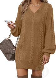 Women's Pullovers Jumper Sweaters Lantern Sleeve Casual V Neck Fall Knit Mini Sweater Dresses