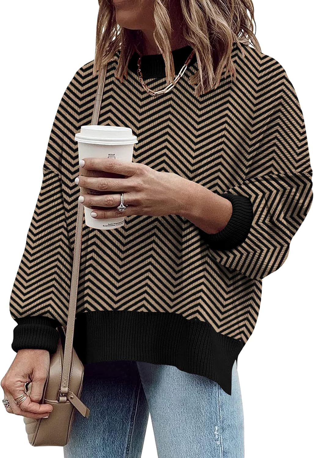 ETCYY Womens Oversized Sweaters Fall 2025 Fashion Clothes Trendy Batwing Sleeve Colorblock Striped Knit Pullover Tops