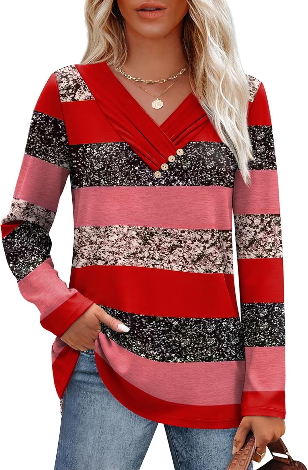 SAMPEEL Sweaters for Women Long Sleeve Shirts V Neck Tops with Buttons Fall Fashion Outfits Winter Clothing 2025