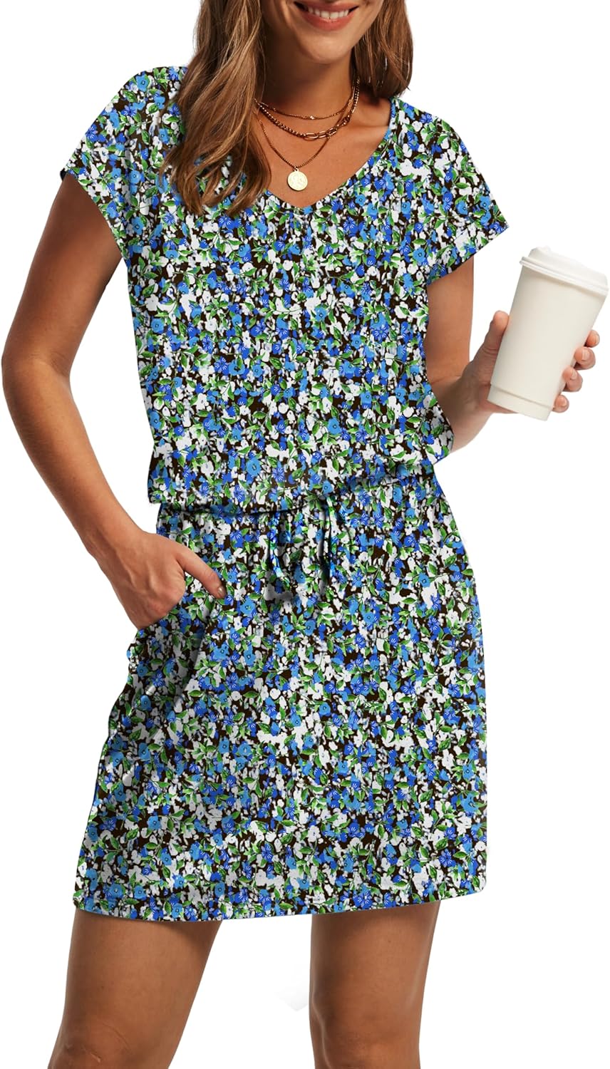 OFEEFAN Summer Dresses for Women 2025 V Neck T Shirt Casual Mini Dresses Tie Waist Sundresses with Pockets