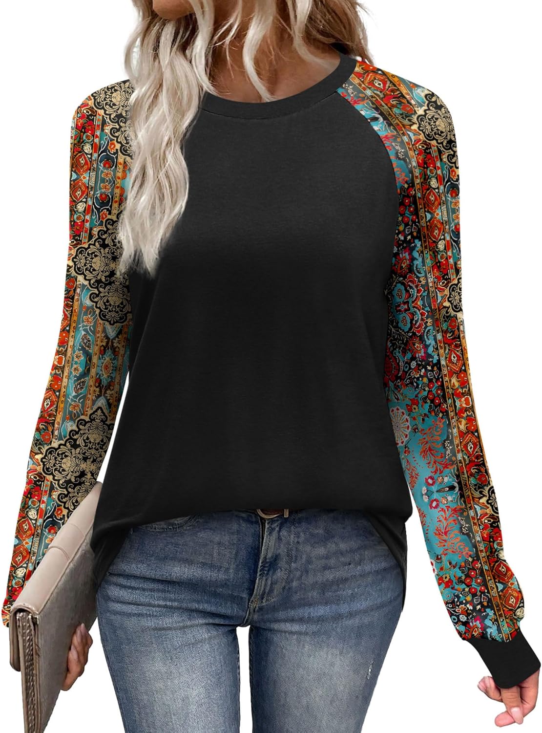 WIHOLL Long Sleeve Shirts for Women Color Block Raglan Tops Casual Crewneck Basic Tees Fall Clothes 2025 Fashion