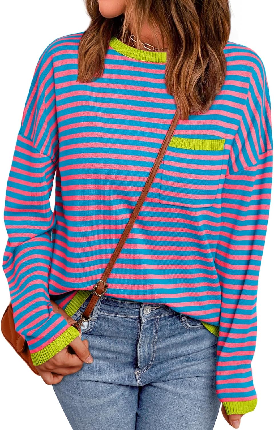 LILLUSORY Womens Striped Soft Knit Pullover Sweater Loose Fit Shirts with Chest Pocket