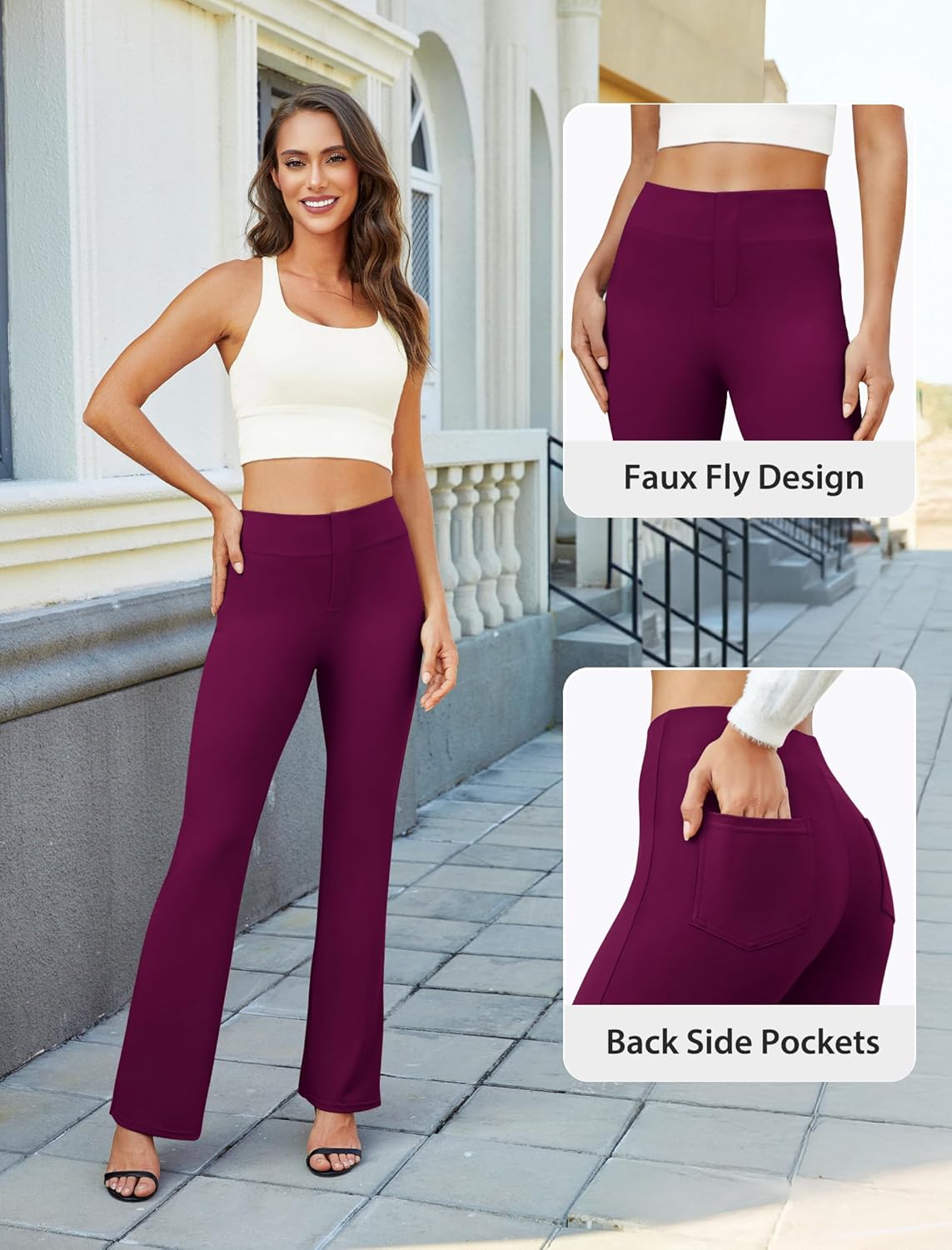 Womens Bootcut Dress Pants Business Casual Work Pants with Pockets High Waist Stretchy Trousers Pull On Office Slacks