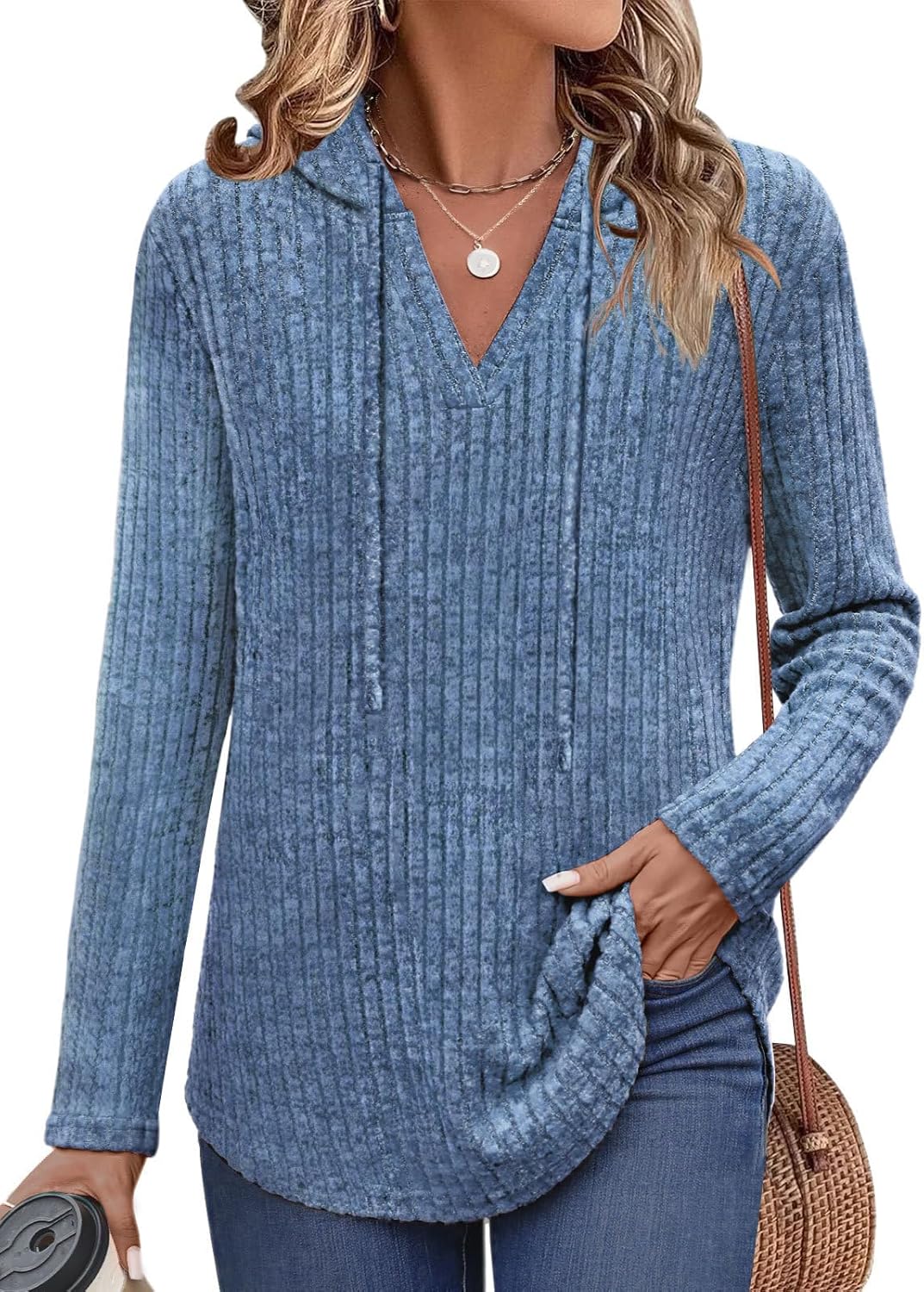 Lylinan Womens Long Sleeve Knit Hoodies V Neck Pullover Tops Ribbed Sweaters Fall Fashion Clothes S-XXL